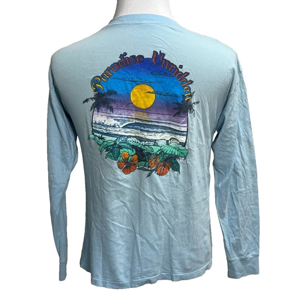Vintage 1970s Long Sleeve Shirt Mens Large Surf Graphic Surfer Union Blue Tee